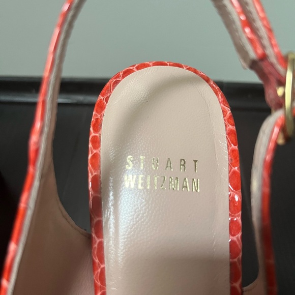 Stuart Weizmann 8M snake embossed open toe high heels, orange. - Picture 4 of 7